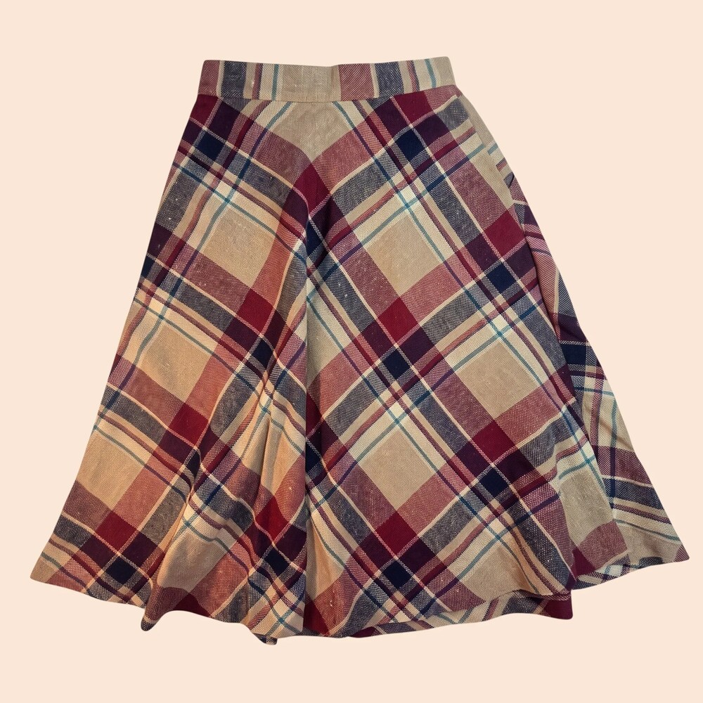 Vintage 70s 80s Bias Plaid Wool Blend High Waist Skirt Gold Button Tan Maroon 24 - Picture 4 of 4